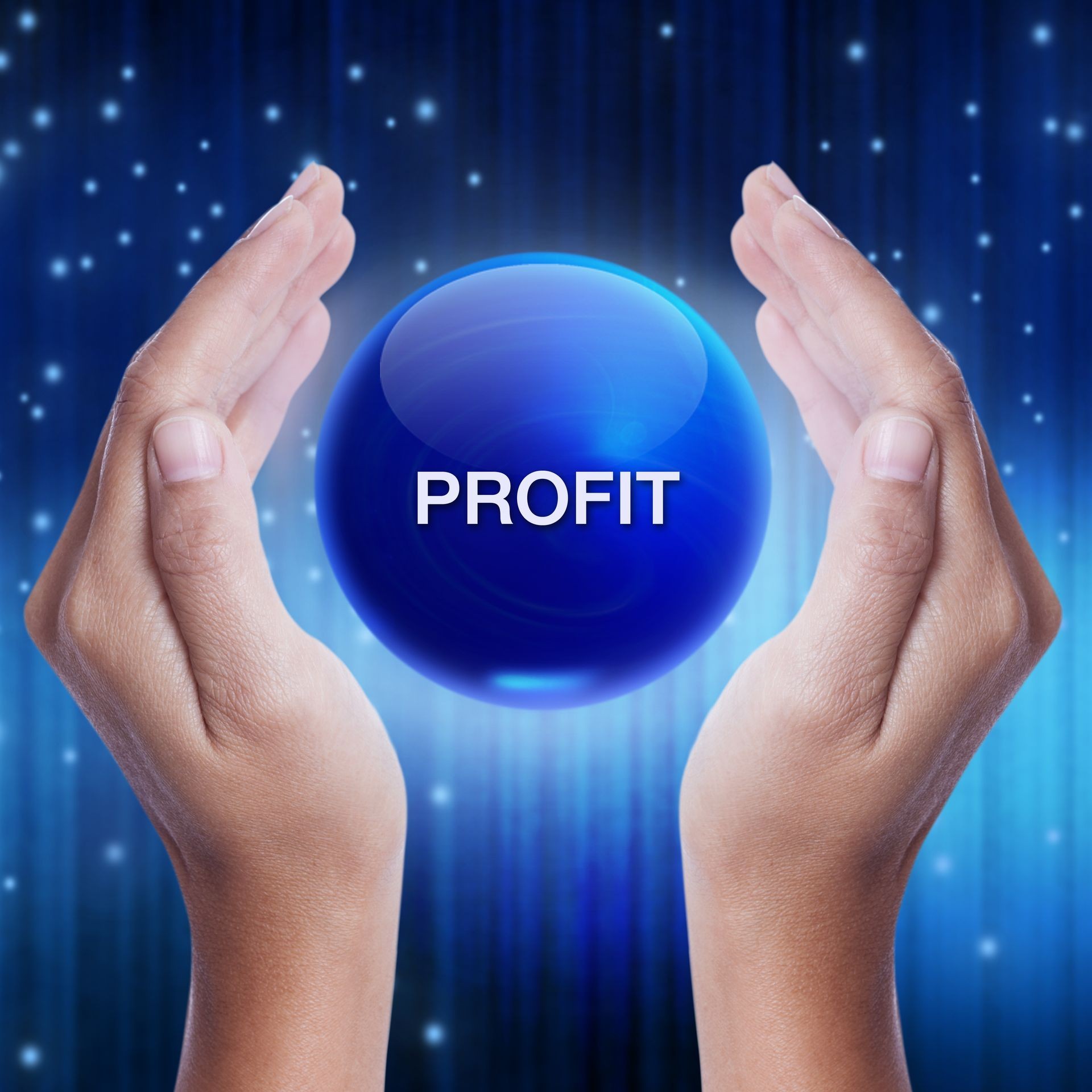 Hand showing blue crystal ball with profit word. business concept